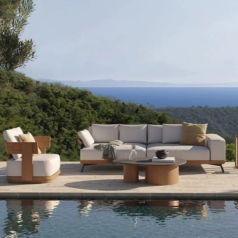 Outdoor Teak Sofa Set, Suitable For Courtyards, Villas, Hotels, And Outdoor Spaces; Waterproof And Sun-Resistant, Made Of Solid