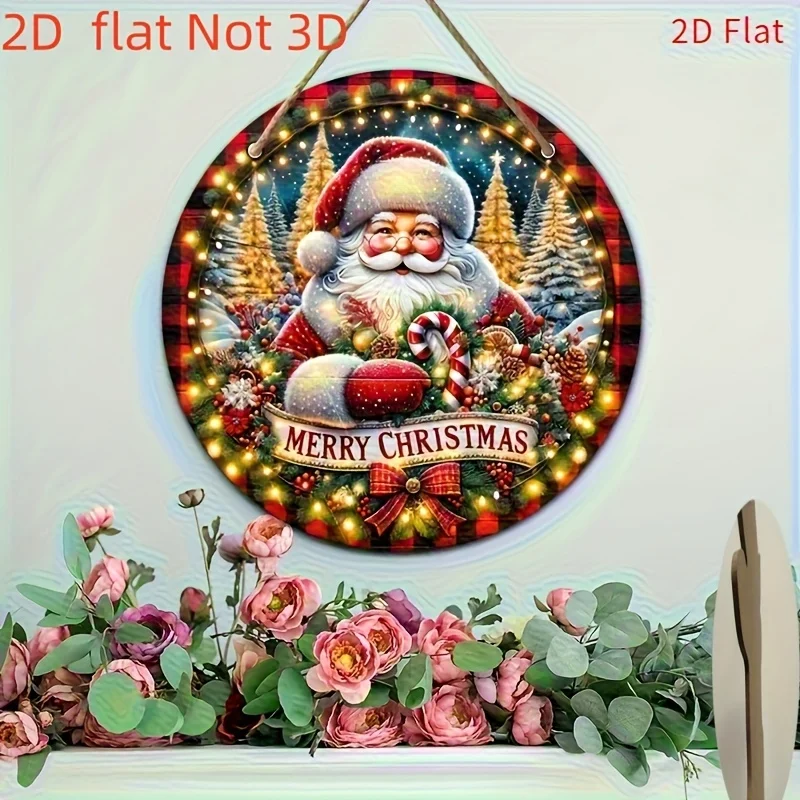 1 Piece Metal Iron Christmas Decoration - Santa Claus and Candy Canes, Pinecones - Red and White Checkered Wreath Sign