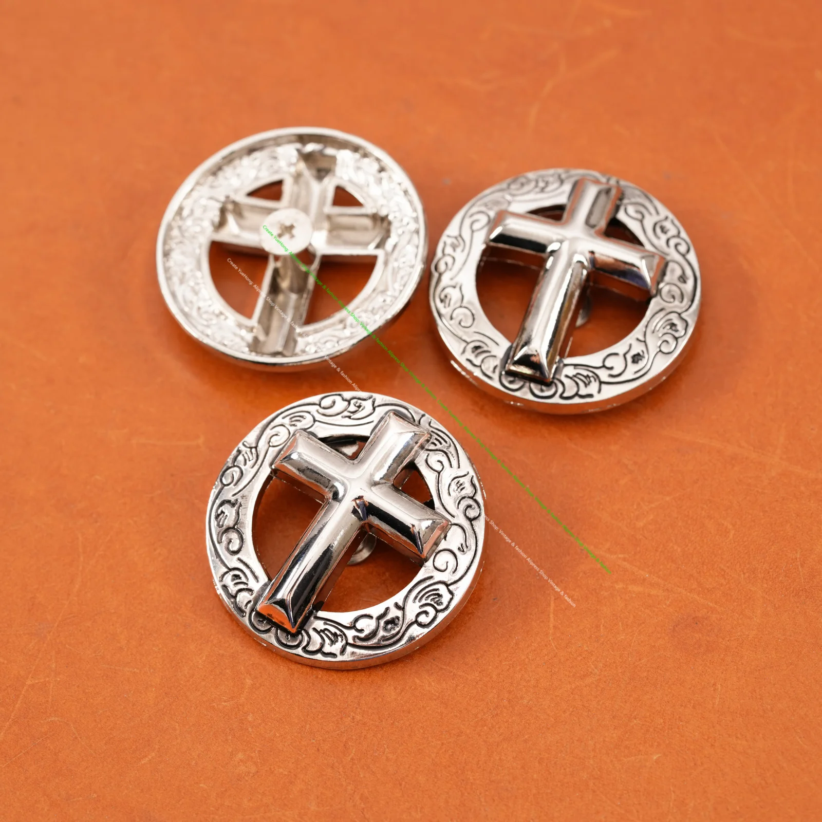 10PC 35MM Western Nickle Silver Cross Engraved Edge Saddles Decor Conchos Screwback