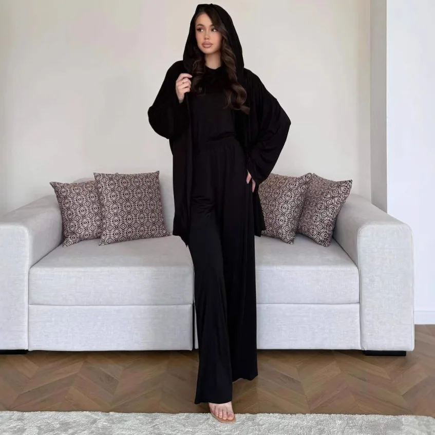 

2025 spring and autumn short-sleeved top casual wide-leg pants hooded jacket women's club clothing 3-piece suit Vestidos