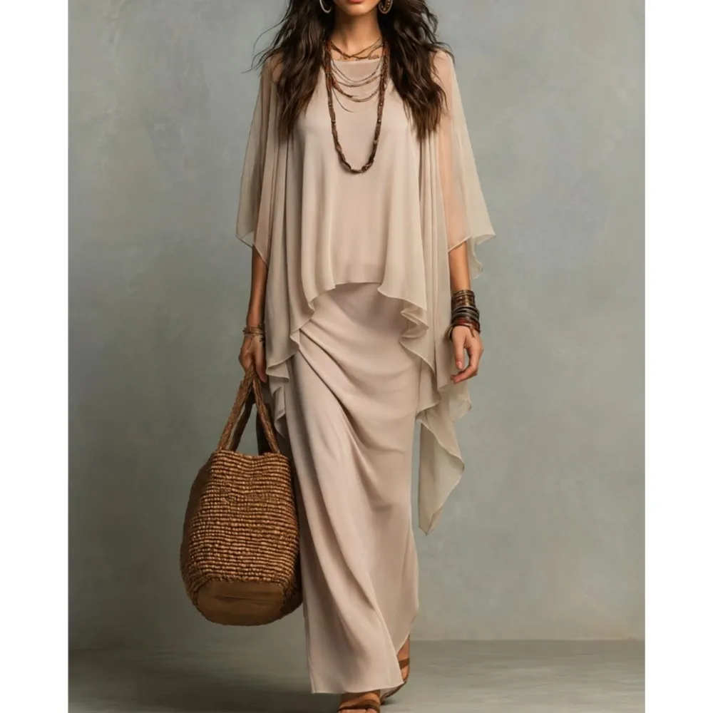 Summer New Sleeveless Blouse Women's Dress Elegant With Snow Silk Shawl Outer Layer Pair Fake Two Piece Summer Dresses Female