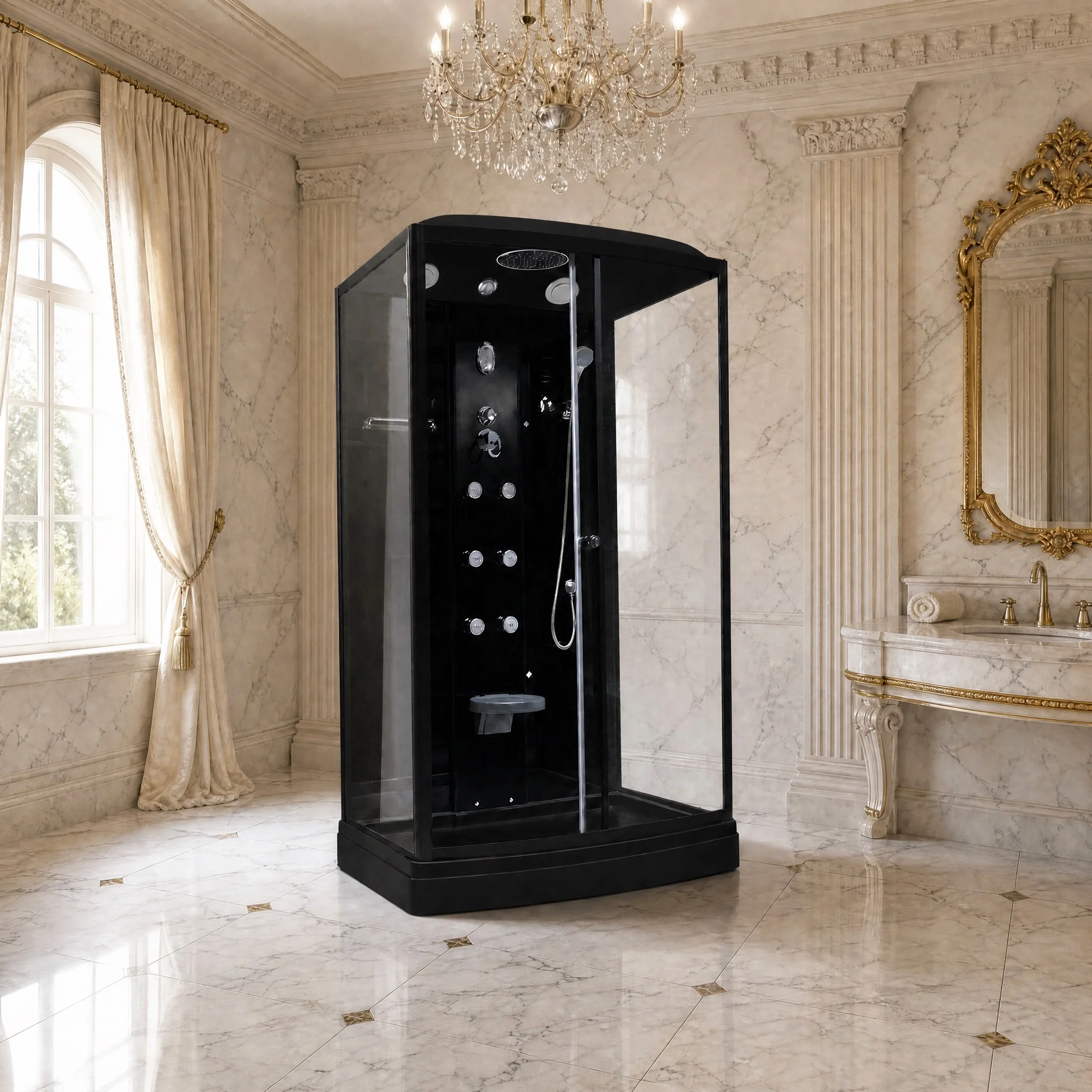 a*-Luxury Steam Shower Cabin With Digital Control  Multi-Function Jets  LED Lighting and Built-In Seating.