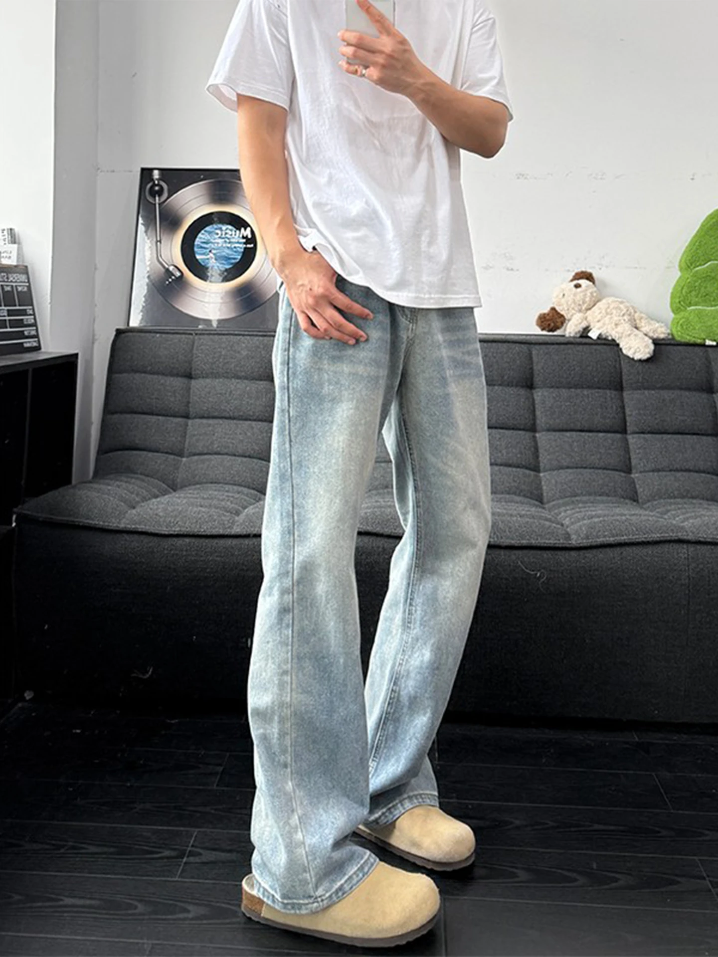 

Cleanfit Men's Blue Flared Jeans mid Waist Straight Leg Fleece Lined Spring Summer Autumn Cotton Polyester Blend Casual Trousers