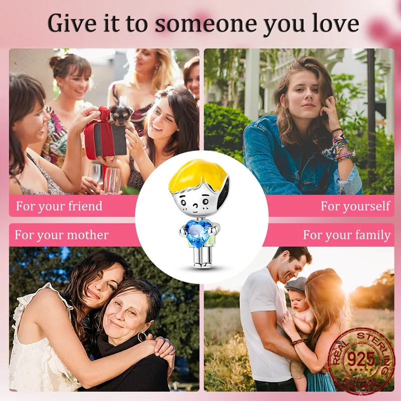 925 Sterling Silver Boy Pendant with Beads, paired with an original bracelet, a DIY jewelry gift for women.