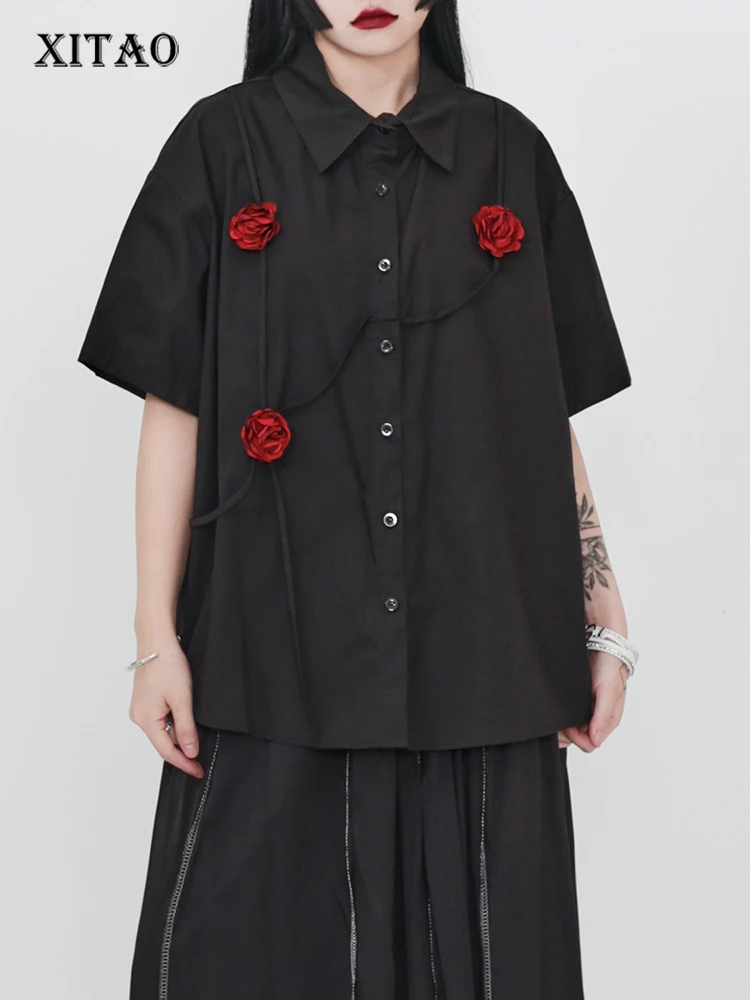 

XITAO темная стильная блузка с вышивкой розы, летняя свободная повседневная утягивающая женская лоскутная уличная блузка с отложным воротником, топ GJ1217