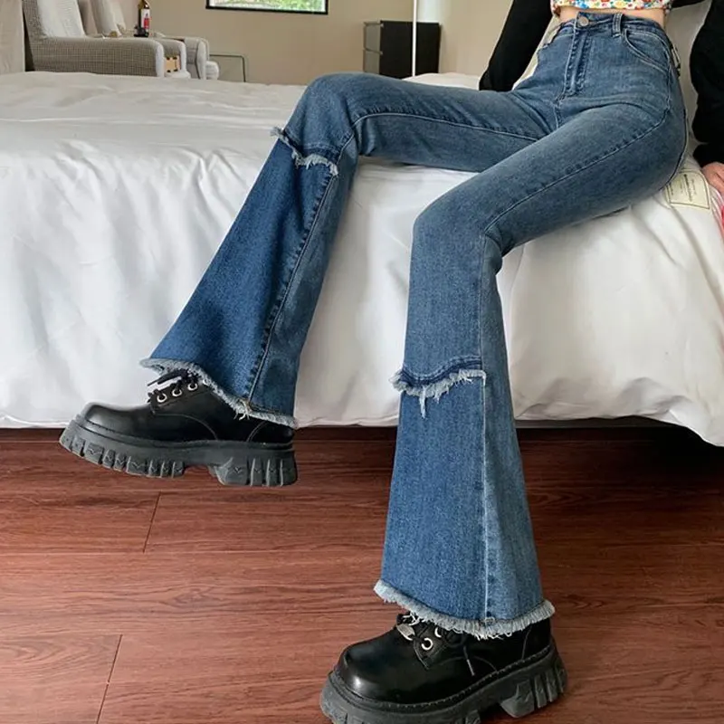 Women's Clothing High Waist Bootcut Jeans Fashionable Rough Selvage Denim Pants Y2K Vintage Spliced Washed Casual Slim Trousers