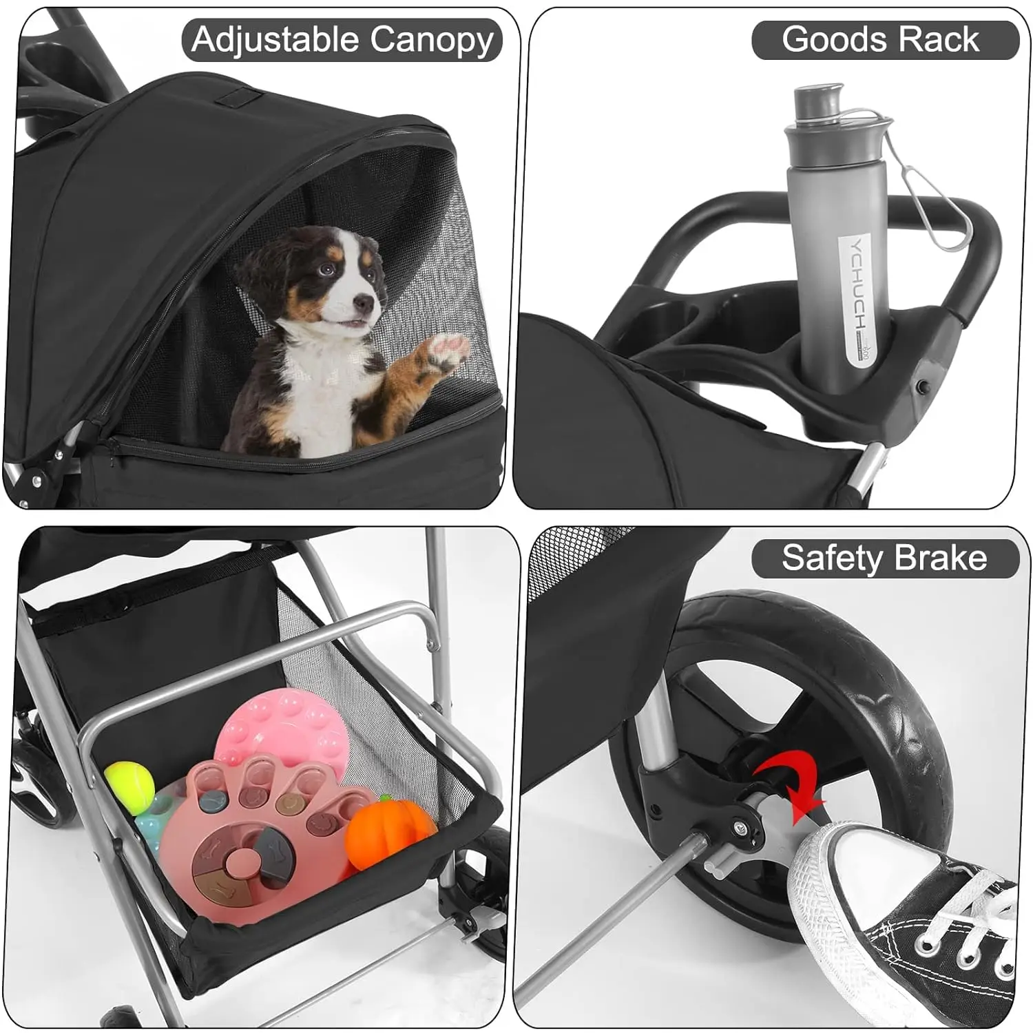 4 Wheel Foldable Cat Dog Stroller with Storage Basket, Handle 360° Front Wheel Rear Wheel with Brake for Small Medium Dogs