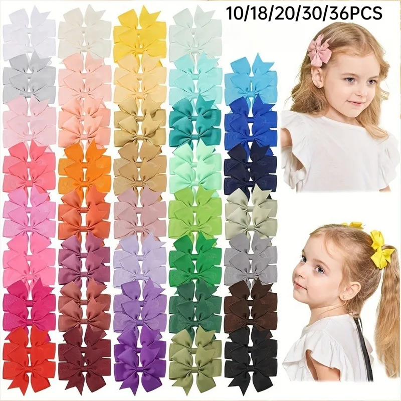 10/18/20/30/36Pcs Solid Color Big Bow Hair Clips Girls Grosgrain Ribbon Barrettes Kids Hair Accessories Multi Color