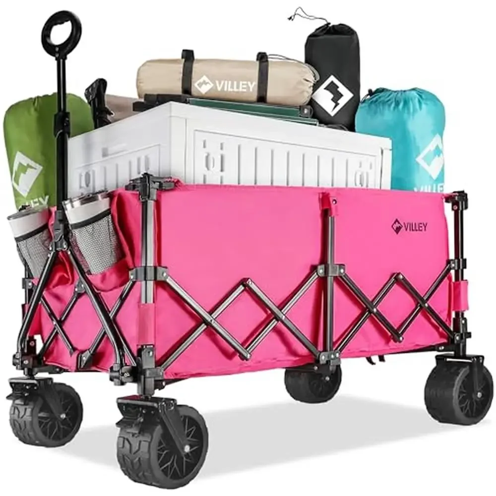 Heavy Duty 330LBS Collapsible Wagon All-Terrain Wheels Foldable Storage Pink