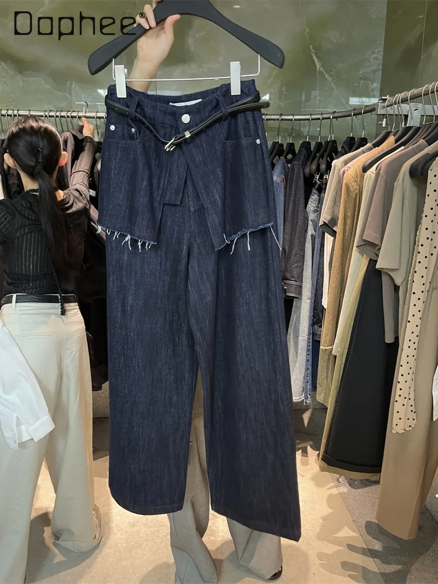 Straight Leg Denim Pants Women with Belt Fake Two Pieces Retro Blue Slimming High Waist Wide Leg Jeans Casual Trend Autumn