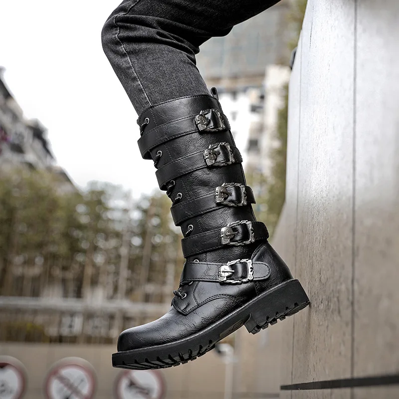 Men's Punk Gothic Biker Boots Tall Harness Buckle Side Zipper