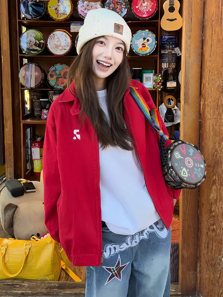 

Red American Harington Flight Jaet Men's Autumn Cleanfit Soft ell Trendy Couple's Outerwear Casual Sle Long Sve Coat