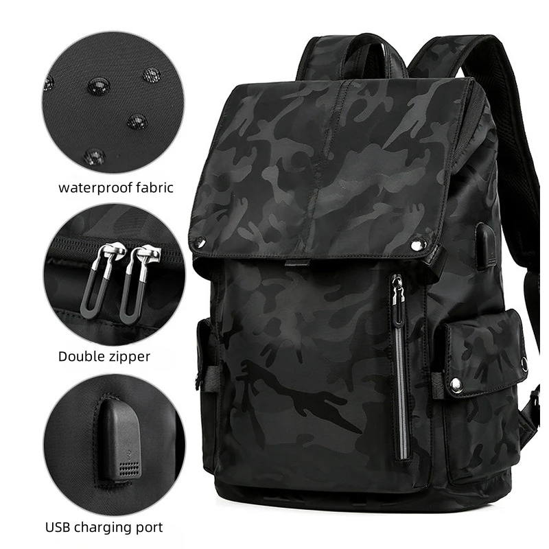 Mochila informal de camuflaje para hombre, bolsa impermeable Oxford para hombre, mochila de viaje antirrobo con USB, bolsa para portátil de gran capacidad