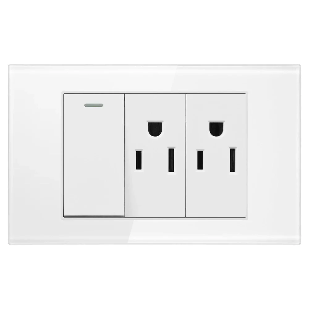 Power Wall USB Socket Light Switch Double 1/2 Pole Glass Panel Outlet Plate US Modular Mounted Home Office Electrical Appliances