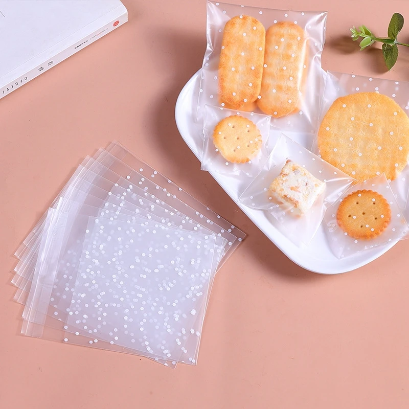 100 Stück transparente Plastik-Cellophanbeutel mit Tupfenmuster, selbstklebende Bonbon- und Kekstüten für DIY-Geschenkverpackungen, Hochzeits- und Partydekoration – Detail 3