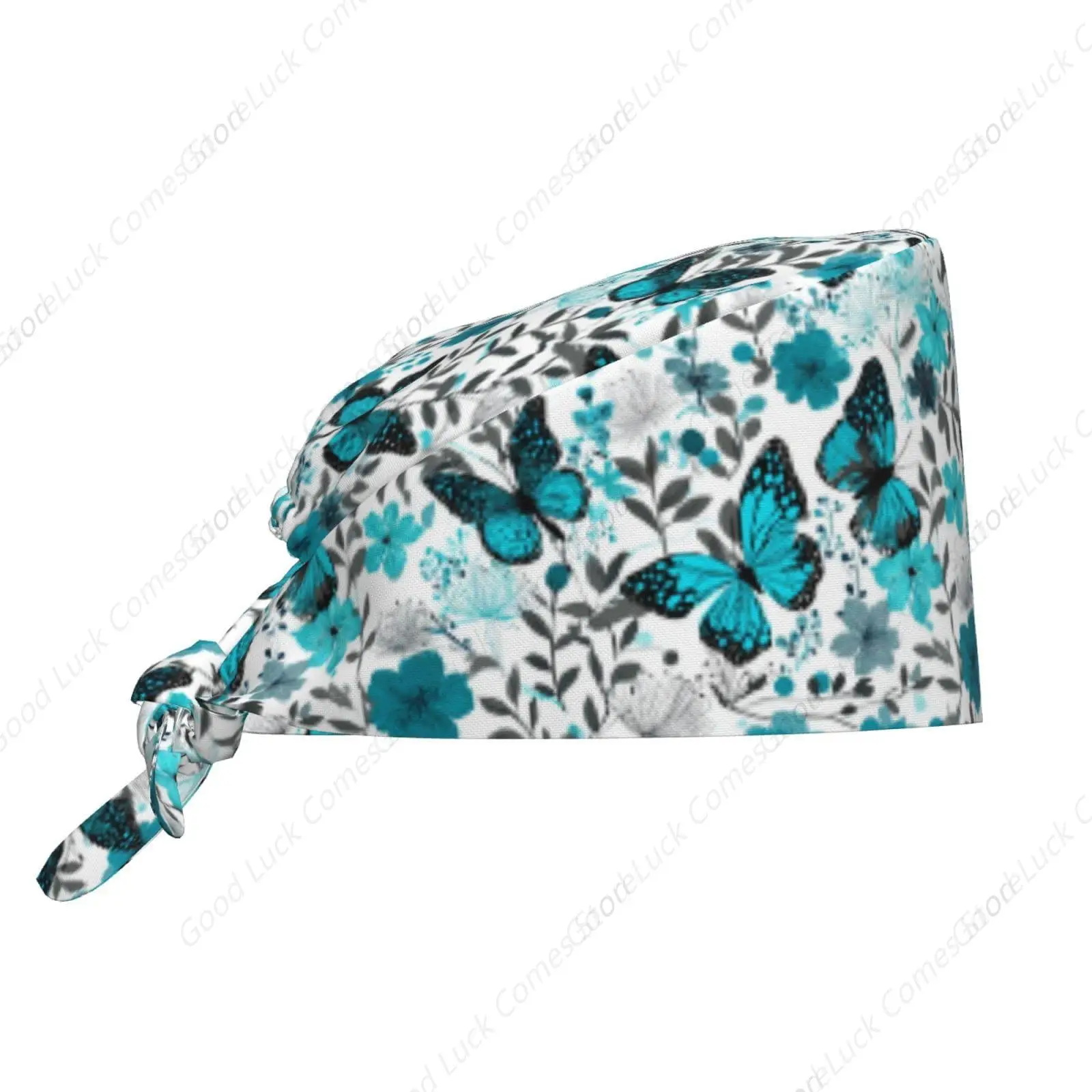 Bright Turquoise Butterflies Working Cap Scrub Cap with Sweatband Adjustable Unisex Men Women Tie Back Hat Nurse Surgical Caps