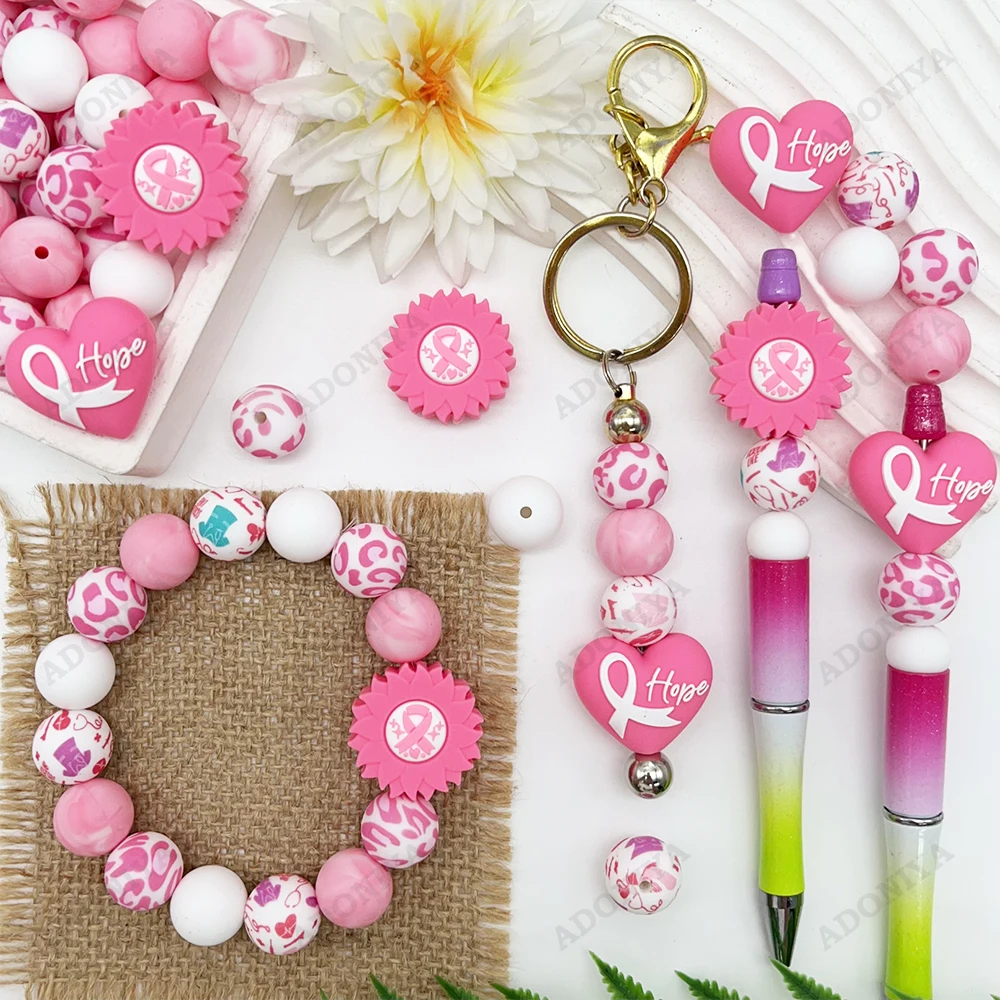 33/34-teiliges Silikonperlen-Set zum Thema Brustkrebs-Bewusstsein, DIY-Perlenkette, Armband, Dekoration, Stift, Schmuckanhänger usw. Feiertags-Geburtstagsgeschenk – Detail 5
