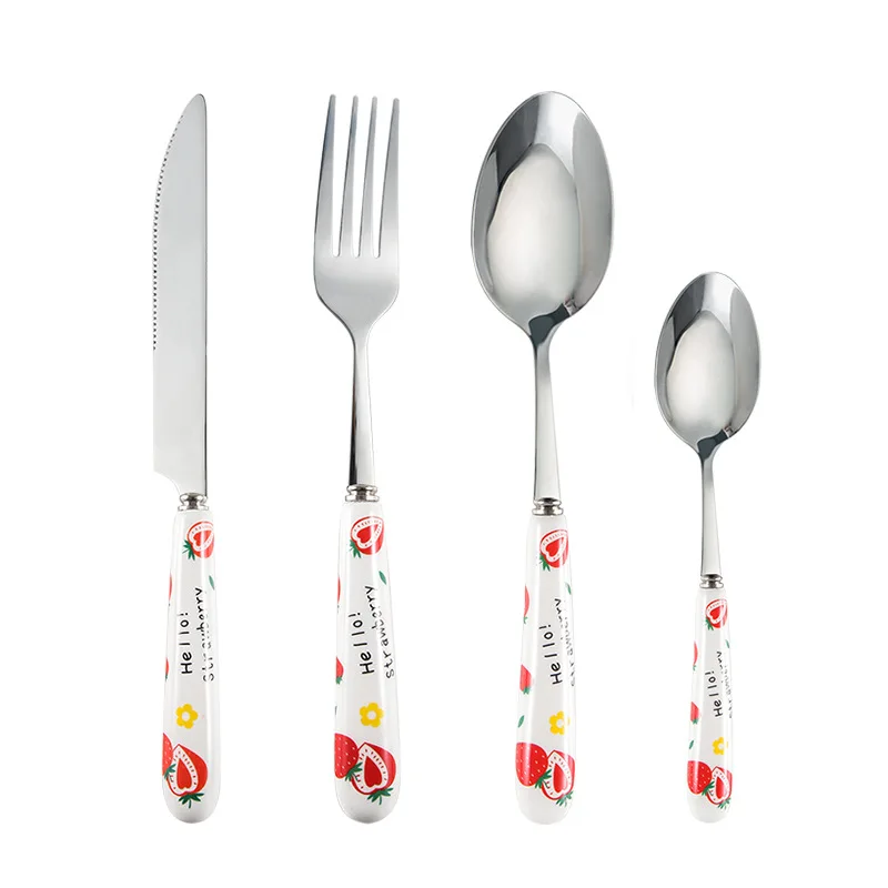 Stainless Steel Tableware Cute Cartoon Girl Heart Strawberry Ceramic Handle Main Dinner Knife Fork Spoon Kitchen Items