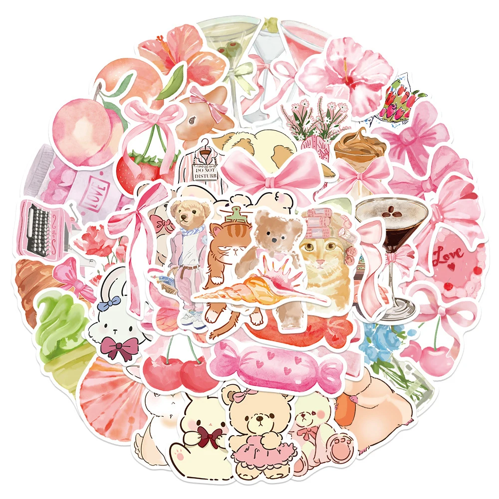 10/30/50pcs Cute Pink Little Bear Doll Bow Cartoon Decoration Stickers DIY Notebook Luggage Aesthetic Waterproof Sticker Decals