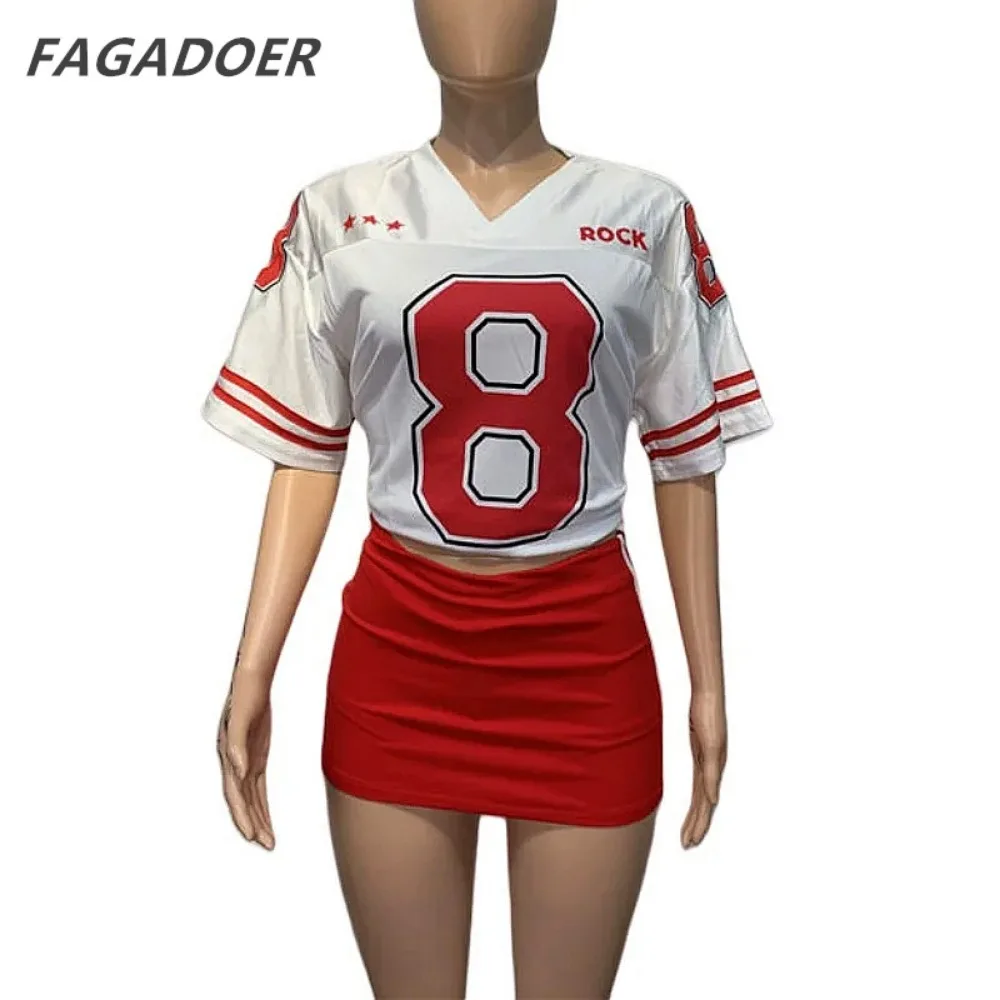 FAGADOER Y2K INS Letter Print Womens 2 Piece Outfit Set Basketaball Tshirt and Bodycon Mini Skirt Suits Hot Girls Streetwear Red