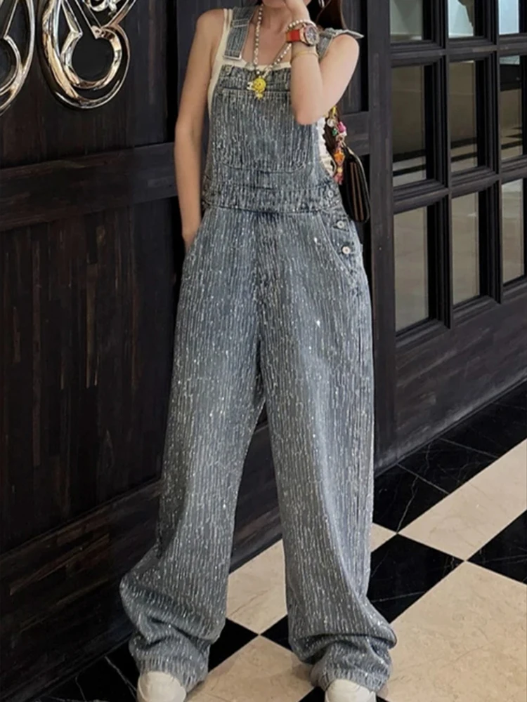

High Waist Heavy Industry's rhinestone Wide Leg Denim Overalls Women's Loose Slimming Casual Pants Spring autumn