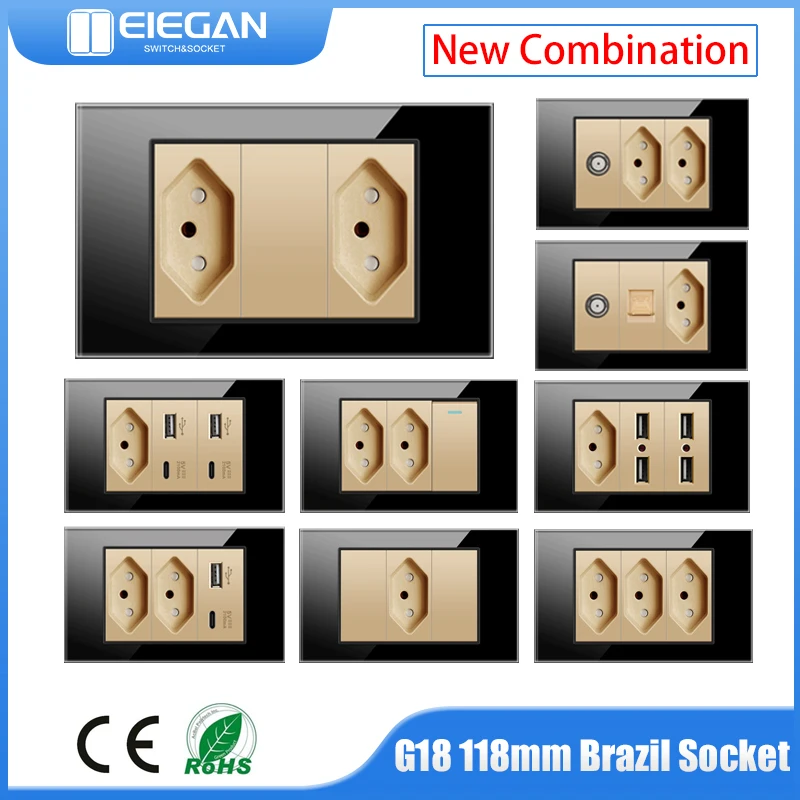 

ELEGAN G18 Brazil Standard USB Socket Wall Power Plug Crystal Glass Panel Outlet USB Type-C AC 110V-240V BR Power Socket