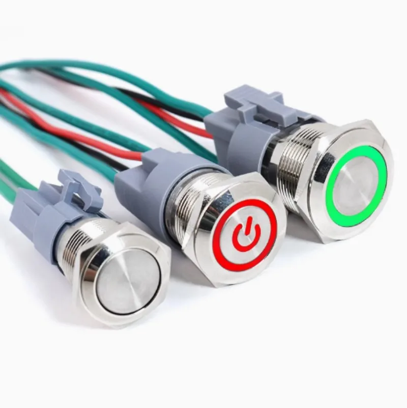 16mm 19mm 22mm Metal Push Button Switch With Wire Momentary / Latching Flat Head LED Light Red Blue Yellow Green White 12V-24V