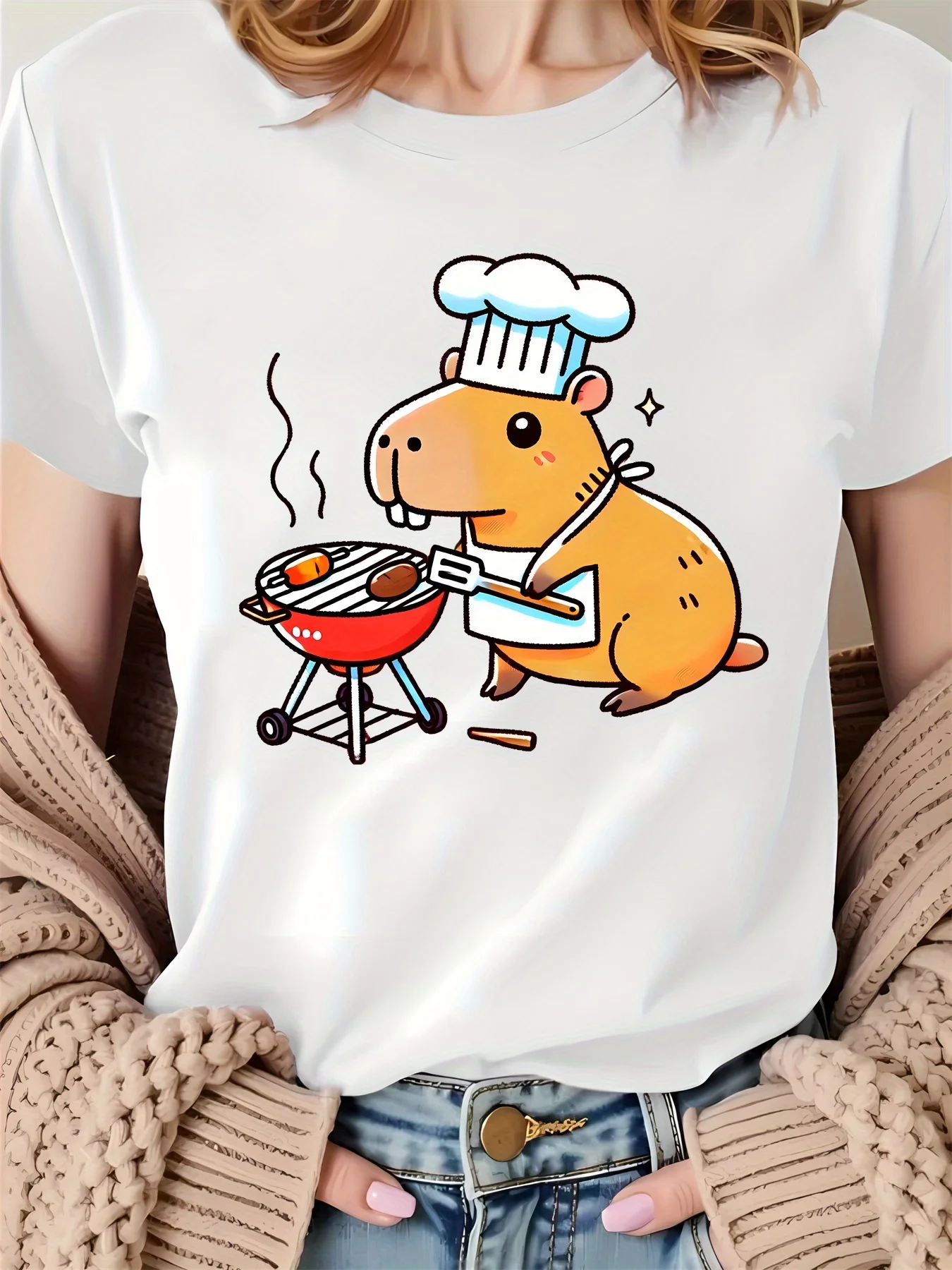Camiseta blanca de manga corta para mujer, bonito conejillo de indias, Chef, barbacoa, estampado gráfico, manga corta, ropa de calle Harajuku, camisetas