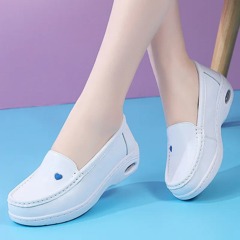 New Women Flat Leather Shoes Casual White Wedge with Soft Bottom Slip on Love Heart Comfortable Mom Nurse Work Shoes