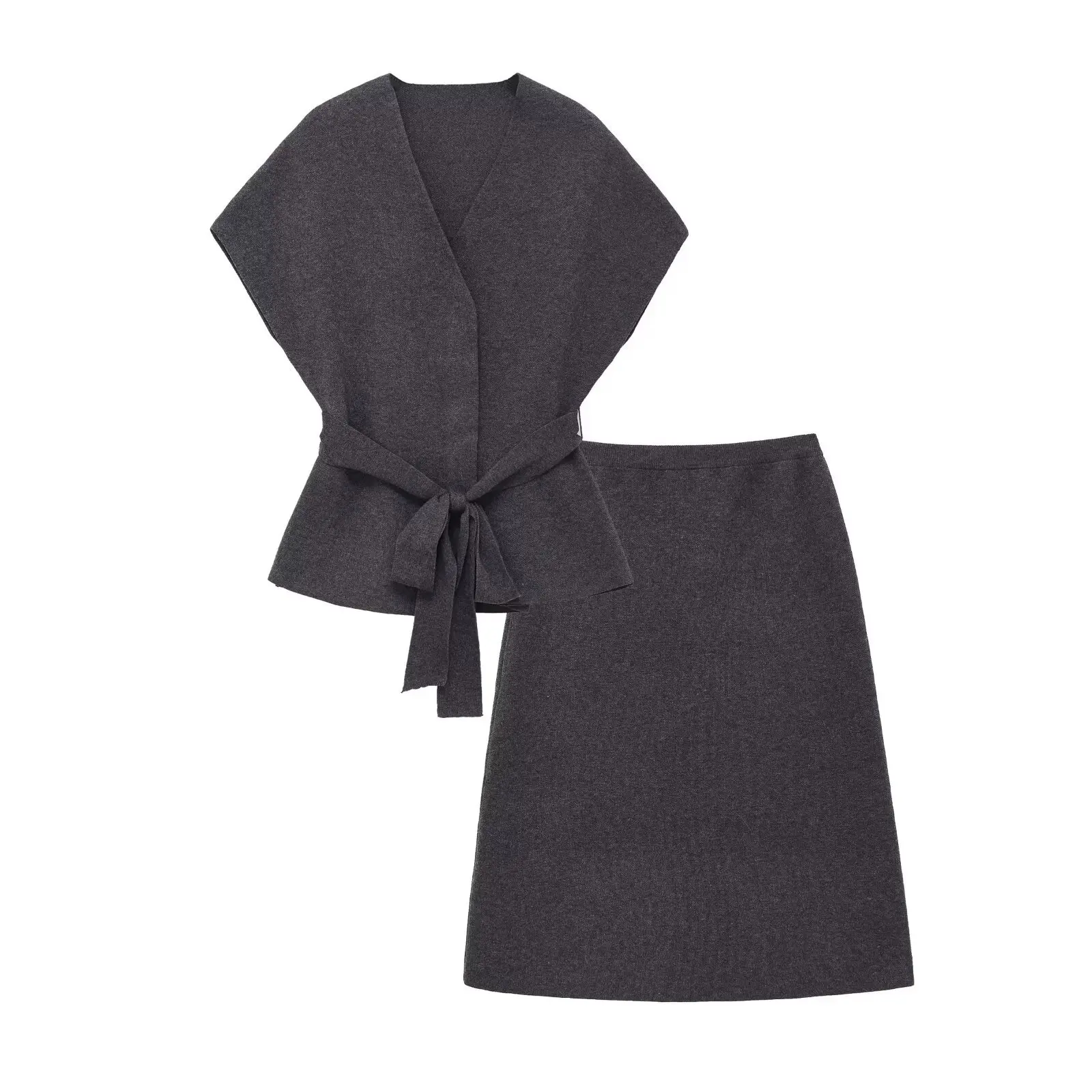 Women's Fashionable Knitted Vest with Belt + Commuting Style Skirt   V9TY