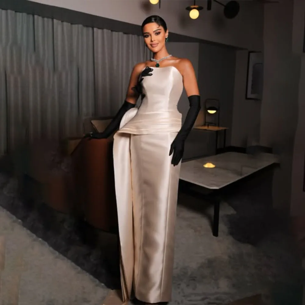 High Quality Customized Strapless Floor Length Color Contrast Sleeveless Gloves Evening Party Wrinkle فساتين للمناسبات الخاصة