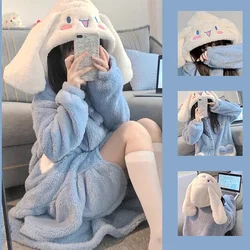 2Pcs Sanrioed Cinnamoroll Plush Pajama Set Cartoon Kuromi My Melody Kawaii Winter Hooded Long Style Home Clothes Thicken Pants