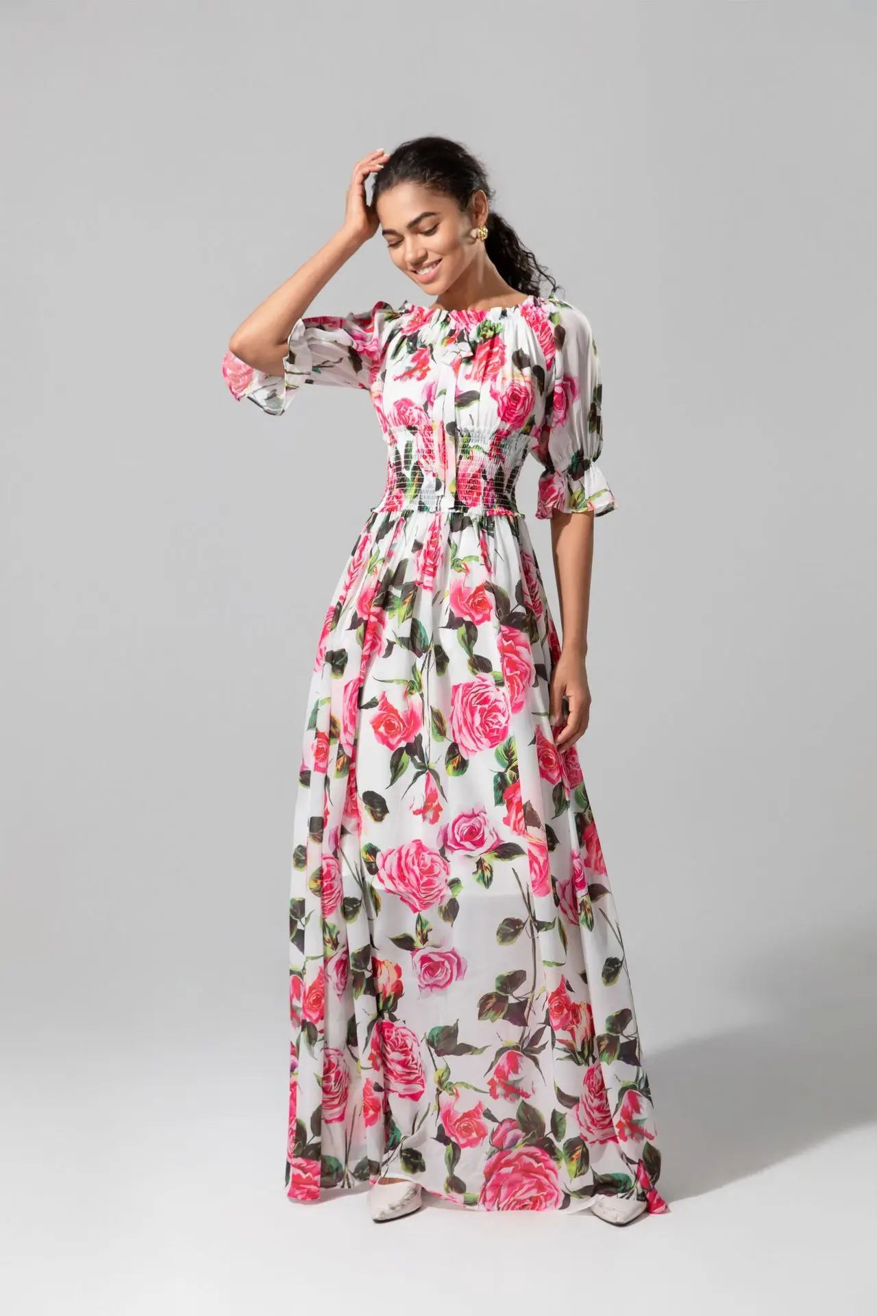 Sukienki damskie Dekolt typu slash Krótkie rękawy Elastyczna talia Kwiatowy nadruk Eleganckie designerskie sukienki maxi Vestidos