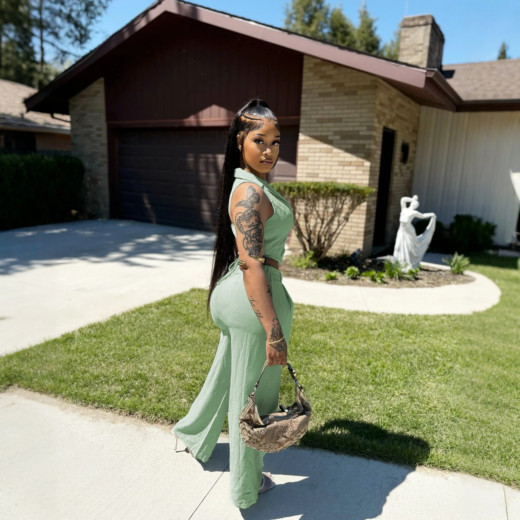 M3091 Lady Fashion Mint Green Collarless Two-Piece Blouse & High-Waisted Wide Leg Pants, suitable for casual wear on daily outin