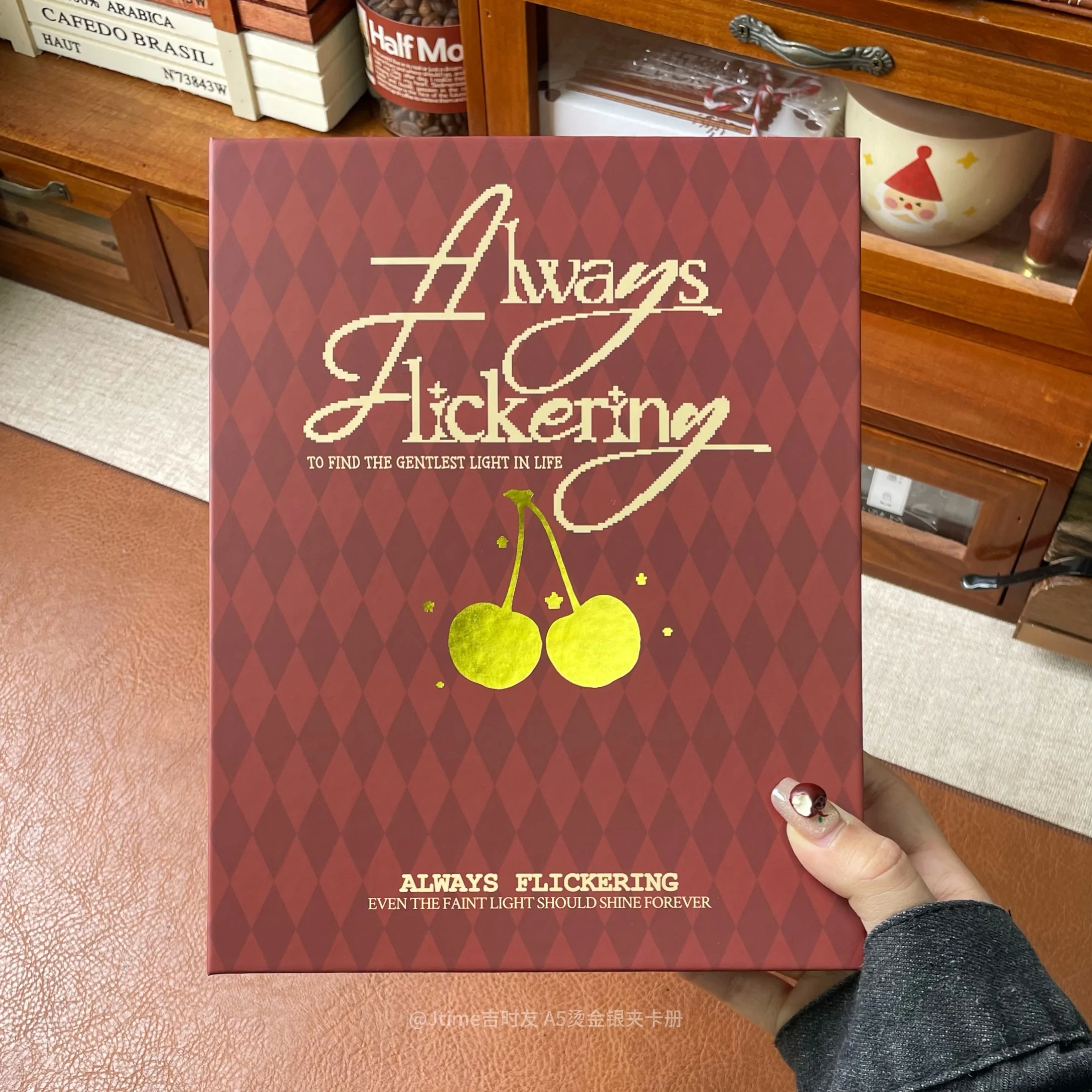 Vintage Cherry A5 Binder 4-grid Card Album Touch Cover & Sturdy Paperboard for Collectibles, Polaroids, Photo Album
