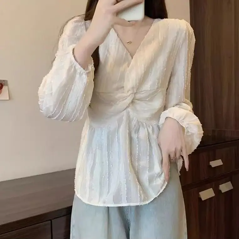 French High-end V-neck Chiffon Shirt Women's Spring and Autumn Fashion Top Beautiful Little Shirt Top