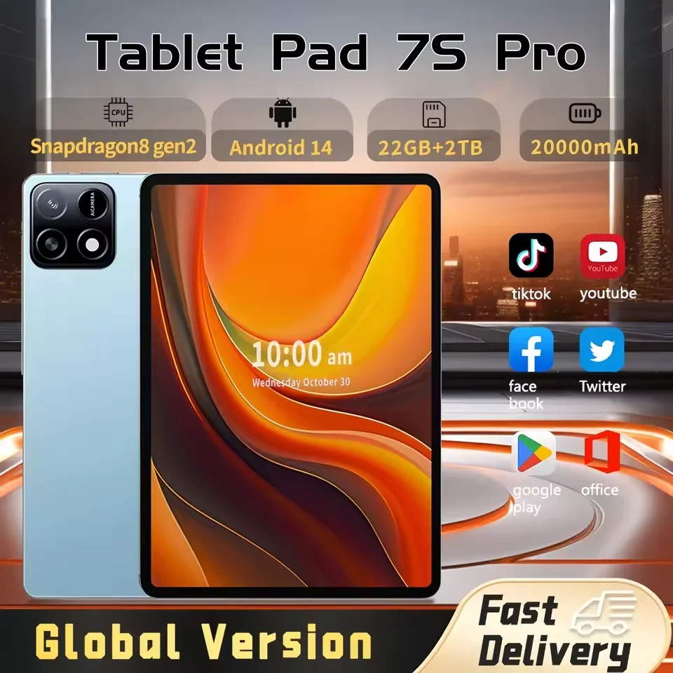 Новинка 2025 года, глобальная версия Pad 7S Pro Tablet, 11 дюймов, Android14, 22 ГБ + 2 ТБ, Snapdragon8Gen2, 20000 мАч, HD 4K, 5G, планшетный ПК с двумя SIM-картами