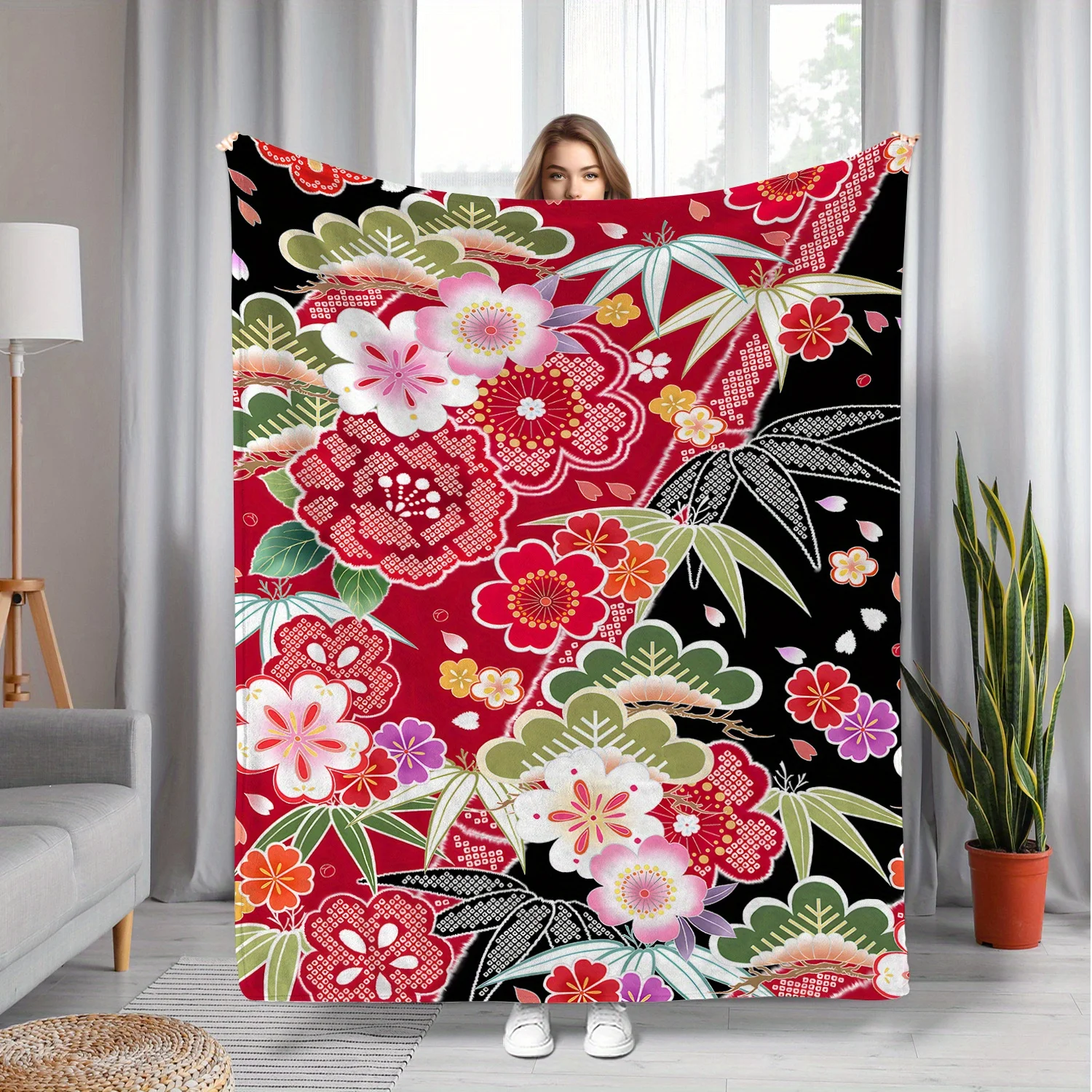 Polyester Blanket Featuring Japanese Kimono Floral Elements with Cherry Blossom Patterns - Comfortable, Warm, And Durable, Suita