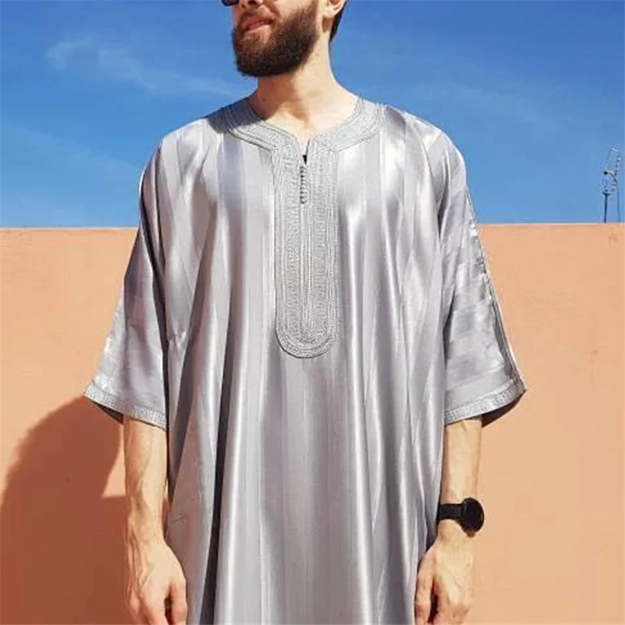 2024 New Men Arab Muslim Abaya Islamic Clothing Men\'s Embroidered Jubba Thobe Moroccan Dubai Kaftan Eid Prayer Long Robe Dress