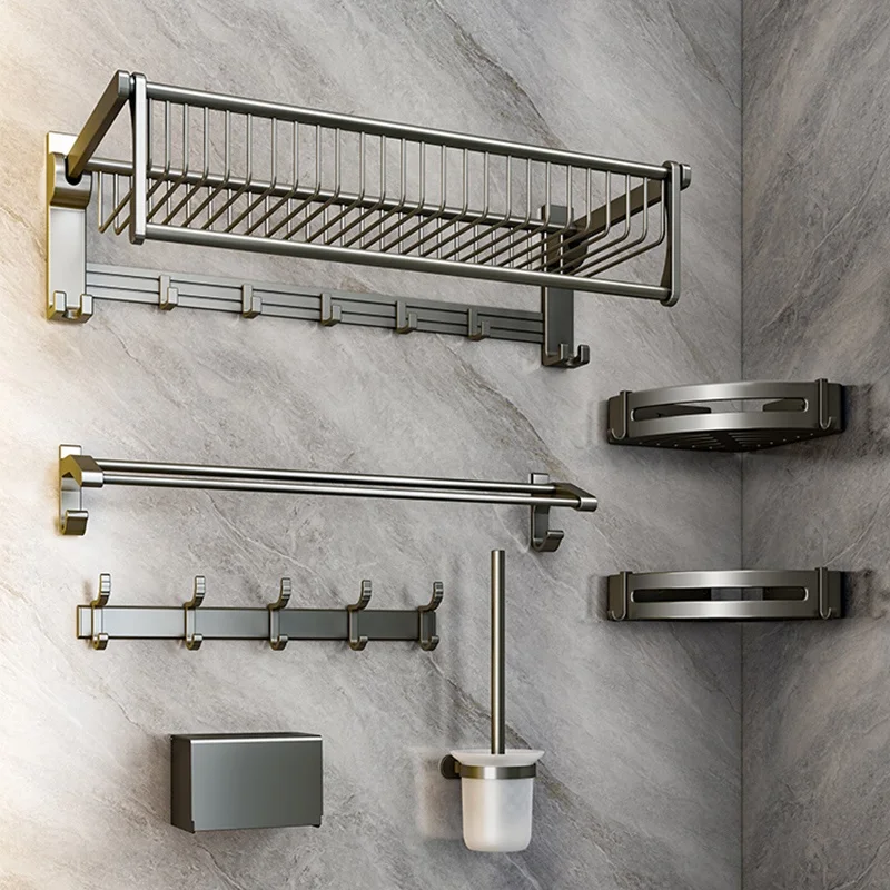 Custom Wall Mounted Metal Double Bathroom Storage Holders Dry Rack Set For Toilet Brush Tissue Paper Roll Folding Towel