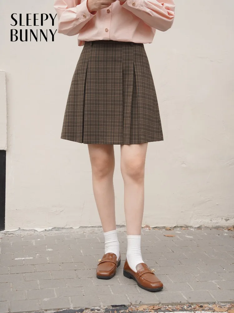 

Plaid Pleated Skirt Women High Waist A-Line Skirt Brown Checkered Midi Skirt Spring Casual Vintage Fashion Hip Covering Outfit