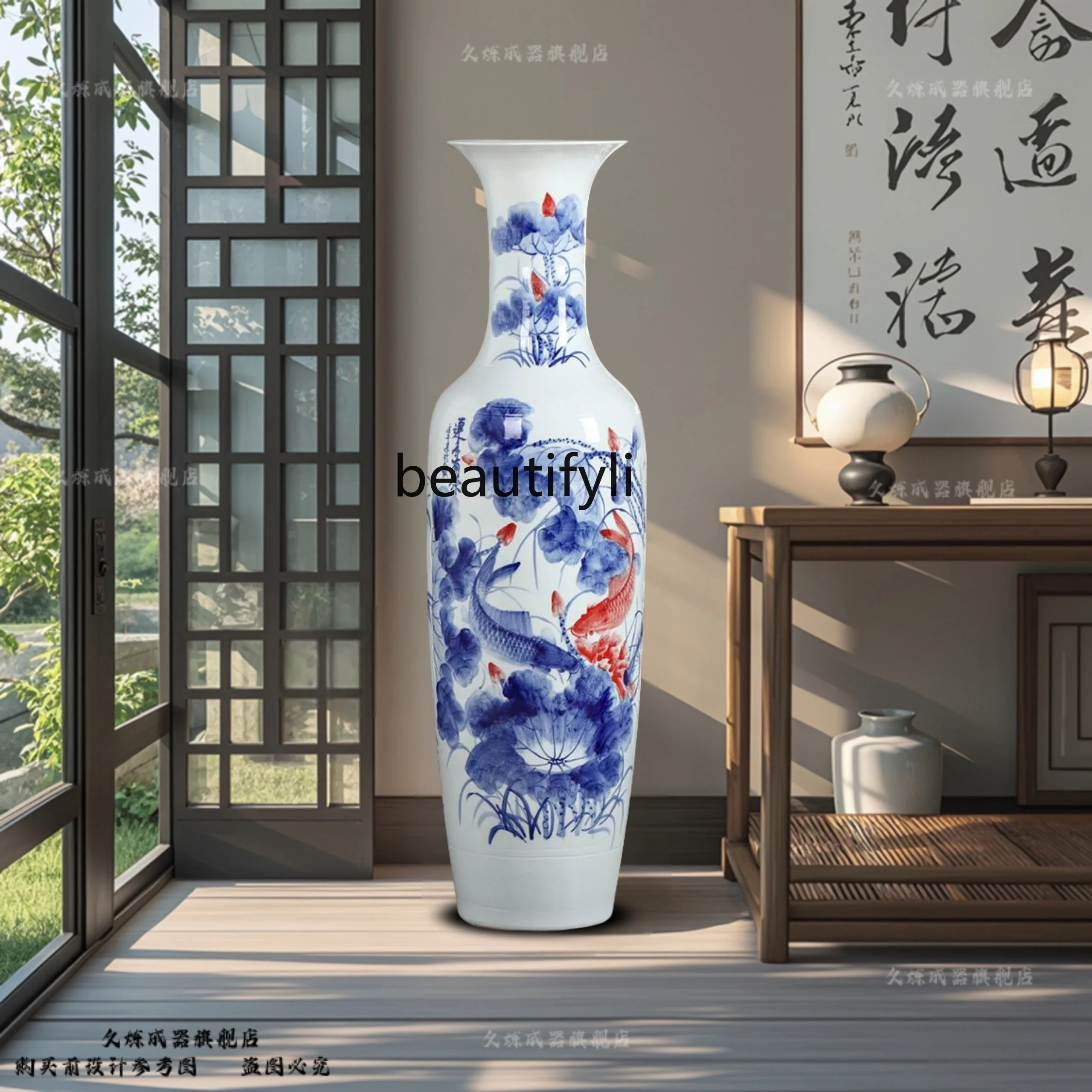 

Jingdezhen ceramics hand-painted blue and white porcelain living room floor-to-ceiling vase, living room decoration