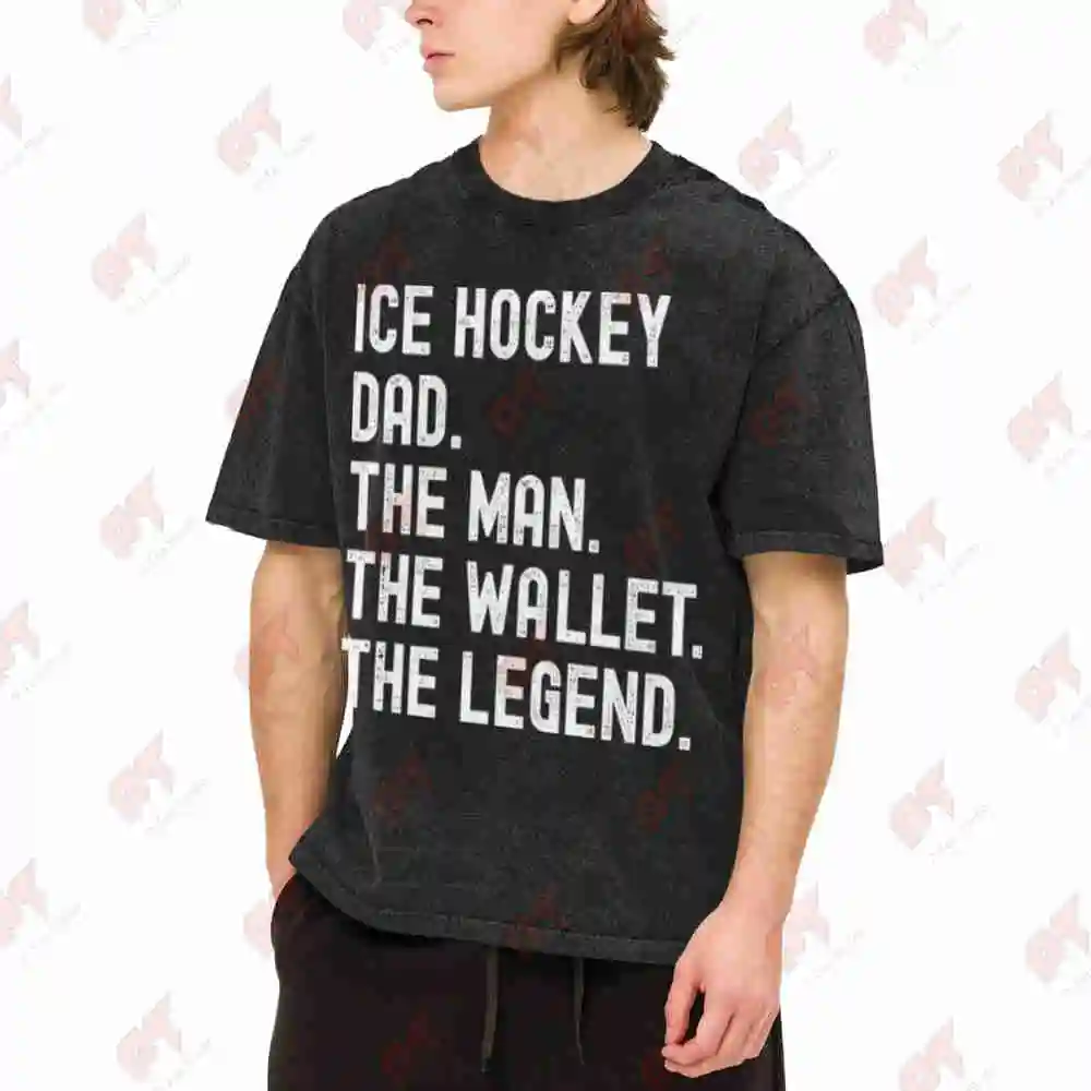 Ice Hockey Dad Back Print Wallet Vintage Washed Tee Pure Cotton T-Shirt