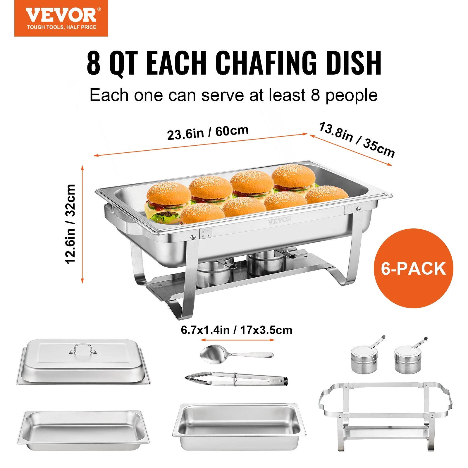 VEVOR 6 Packs Rectangle Chafing Dish  8QT Stainless Steel Chafer with Full Size Pans Catering Buffet Set Food Warmer Server