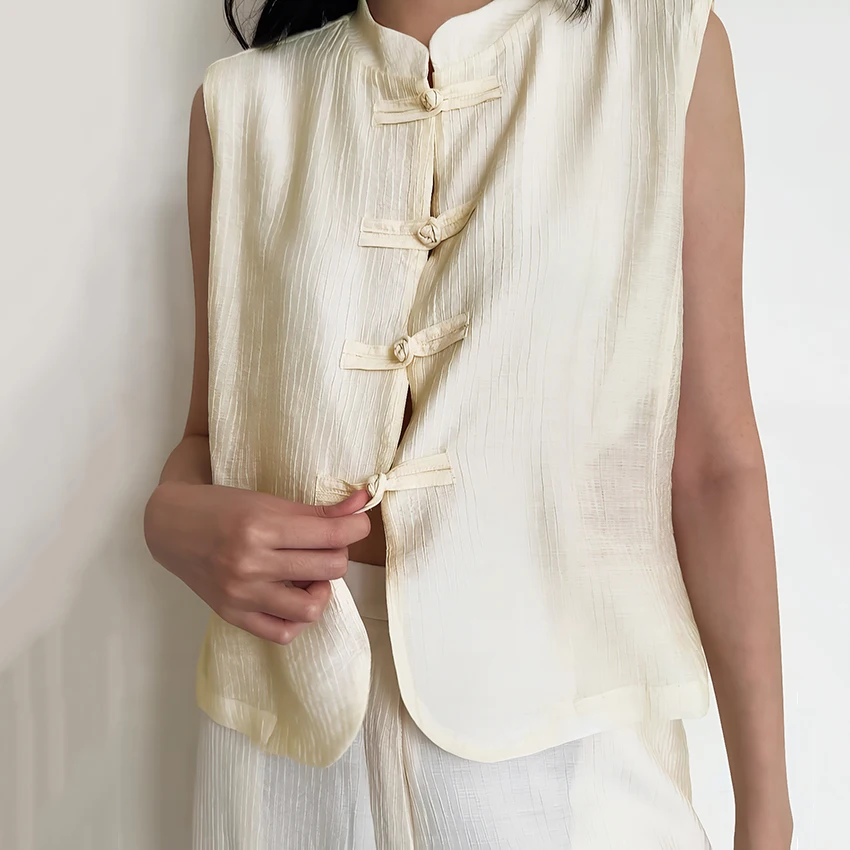 Linad Vintage Chinese Knot Stand Collar Vest Female Street  Apricot Stand Collar Tank Tops Summer Casual Sleeveless Tops 2026