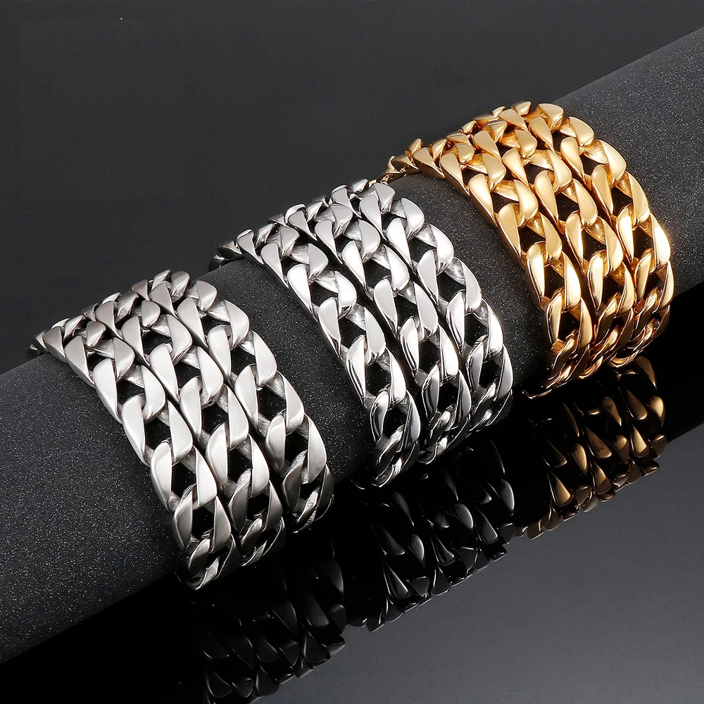 

11 мм панк 18-каратного золота кубинская цепочка с бордюром ожерелье для мужчин и женщин хип-хоп рок ретро блестящая нержавеющая сталь велосипедное байкерское колье ювелирные изделия