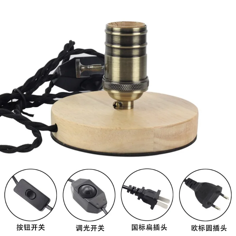 E26 Antique Wood Table Lamp Holder, Bronze Bronze, Wooden Plate Flat Plug, Round Plug, Button Dimming Switch