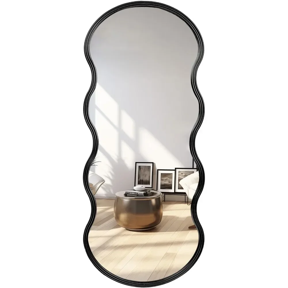 Black Full Length Mirror, Irregular Oval Wavy Mirror, Large Chic Dressing Floor Hanging Mirror for Bedroom, Living Room