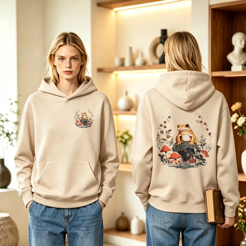 Vintage Cottagecore Frog Mushroom Floral Graphic Hoodie Men Women Wild Botanical Aesthetic Front & Back Print Hooded Sweatshirt