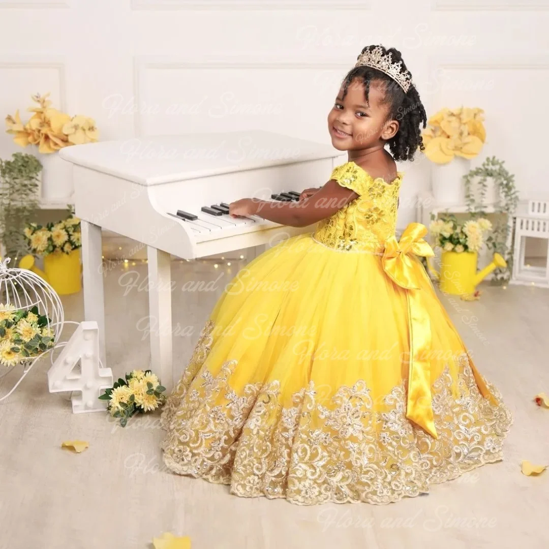 Customized Yellow Flower Girl Dress Tulle Fluffy Applique Floor-Length Kids Wedding Bridesmaid Birthday Party Ball Evening Gowns